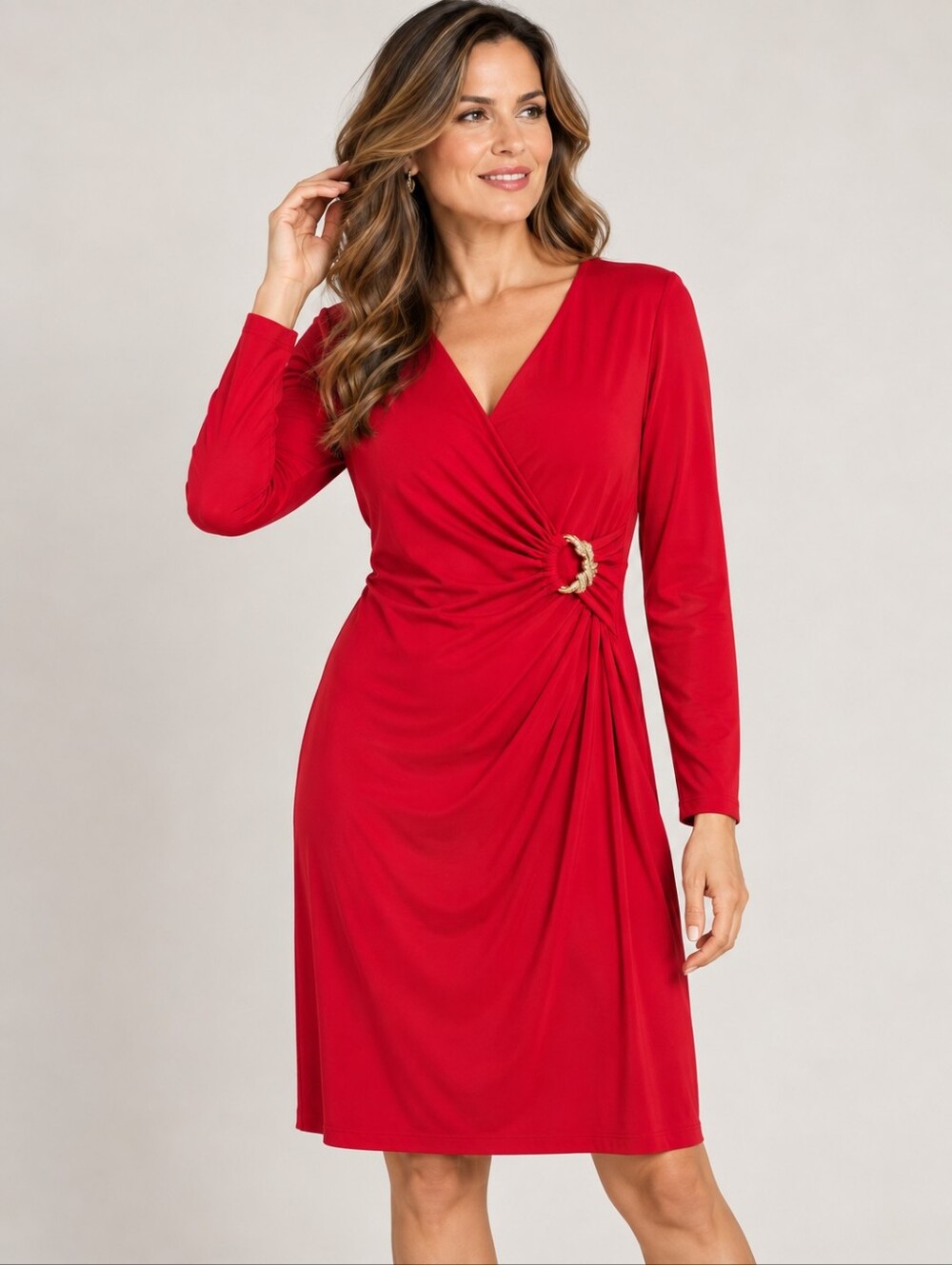 Charter Club Red Faux Wrap Dress Gold Buckle Long Sleeve Size XL